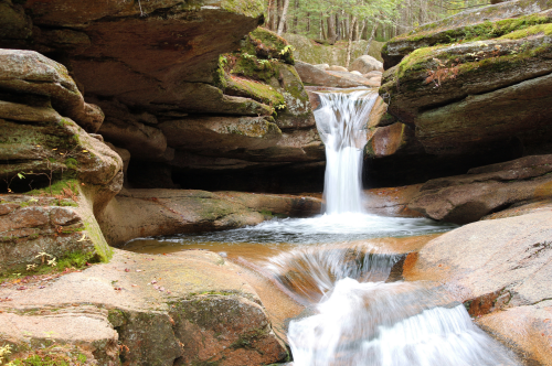 A serene waterfall cascades over smooth rocks, surrounded by lush greenery in a tranquil forest setting.