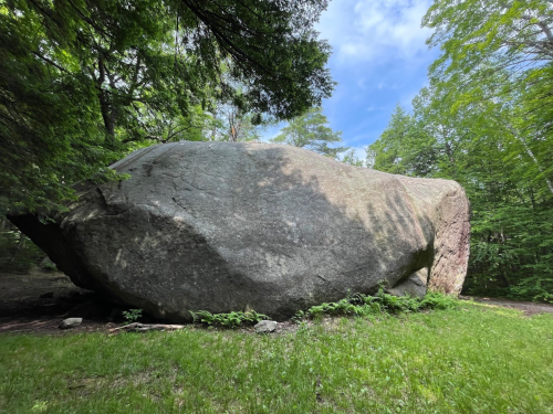 A large, smooth boulder surrounded by lush green trees and grass under a partly cloudy sky.