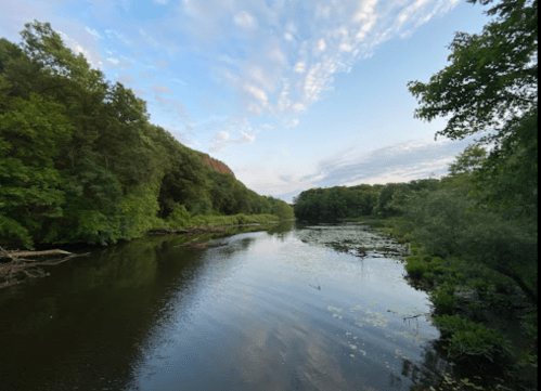 A serene river surrounded by lush greenery and trees under a partly cloudy sky.