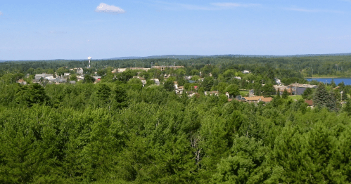 A panoramic view of a small town surrounded by lush green trees and hills under a clear blue sky.