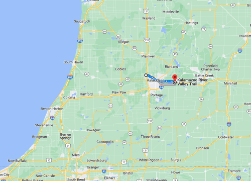 Map showing the Kalamazoo River Valley Trail and surrounding areas in Michigan, highlighting key locations and routes.