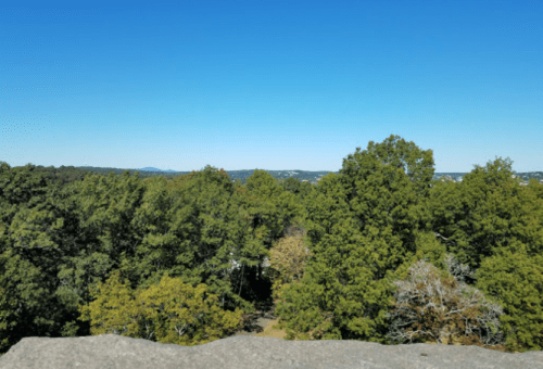 A clear blue sky over a lush green landscape with trees and distant hills.