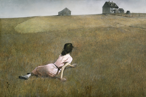 A girl in a pink dress crawls through a golden field, gazing at distant houses under a vast sky.