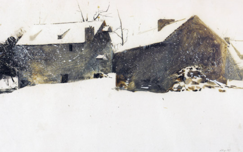 A snowy landscape featuring two rustic houses, partially obscured by falling snowflakes and a pile of stones.