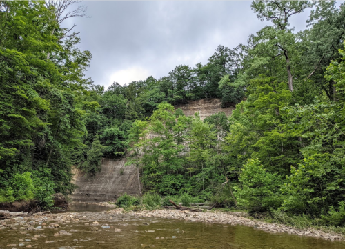 A serene river scene surrounded by lush green trees and a steep, rocky cliff under a cloudy sky.