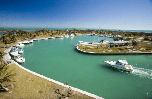 A scenic marina with boats docked along a curved waterway, surrounded by palm trees and clear blue skies.