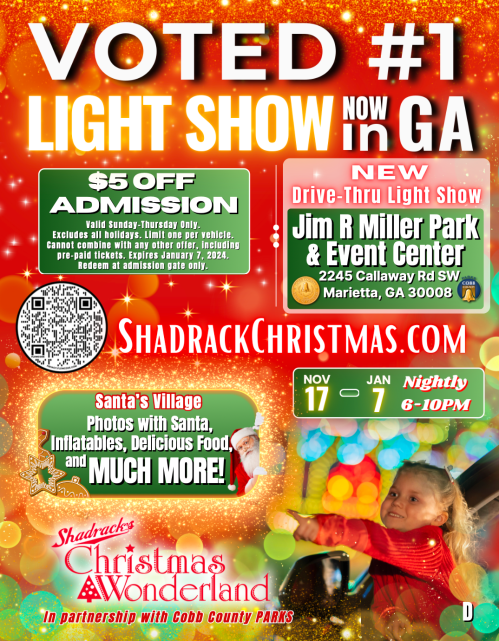 Colorful flyer for a light show in Georgia, featuring event details, dates, and admission information.