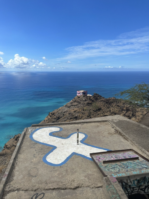 A cliffside view overlooking the ocean, featuring a large blue graffiti symbol on the ground and a structure in the distance.
