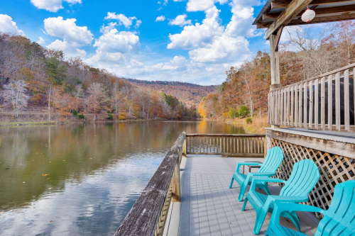 A serene lakeside view with a wooden deck and turquoise chairs, surrounded by autumn foliage and a blue sky.