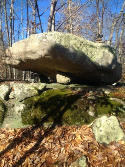 A large, flat rock balanced on smaller stones, surrounded by autumn leaves and trees in a wooded area.