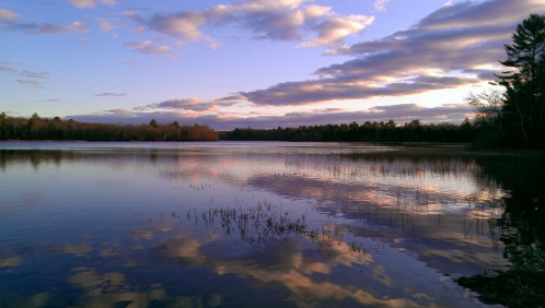 A serene lake at sunset, reflecting clouds and trees, with gentle ripples on the water's surface.