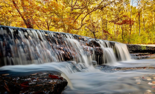 A serene waterfall cascades over rocks, surrounded by vibrant autumn foliage and trees.