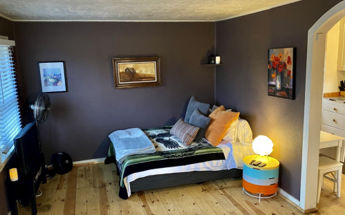 Cozy bedroom with a bed, colorful pillows, a fan, and a lamp, featuring wooden floors and a dark wall.