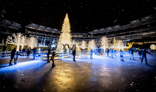 A festive ice skating rink illuminated by lights, featuring a tall Christmas tree and decorated trees in the background.