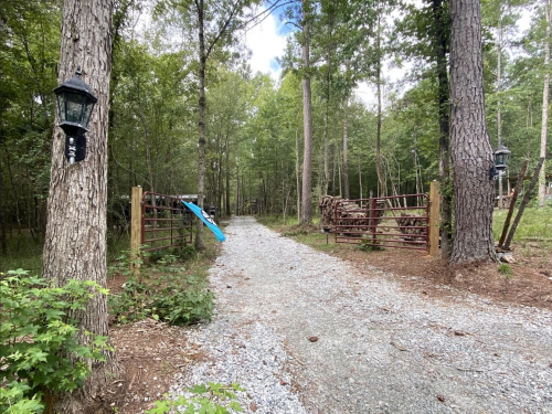 A gravel driveway leads through a wooded area, flanked by wooden gates and lanterns on either side.