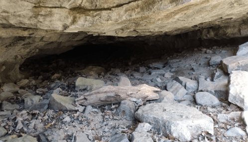 A dark cave entrance surrounded by rocks and scattered debris, with a wooden log in the foreground.