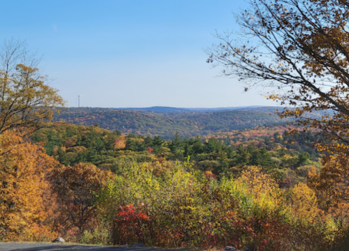 A scenic view of colorful autumn foliage across rolling hills under a clear blue sky.