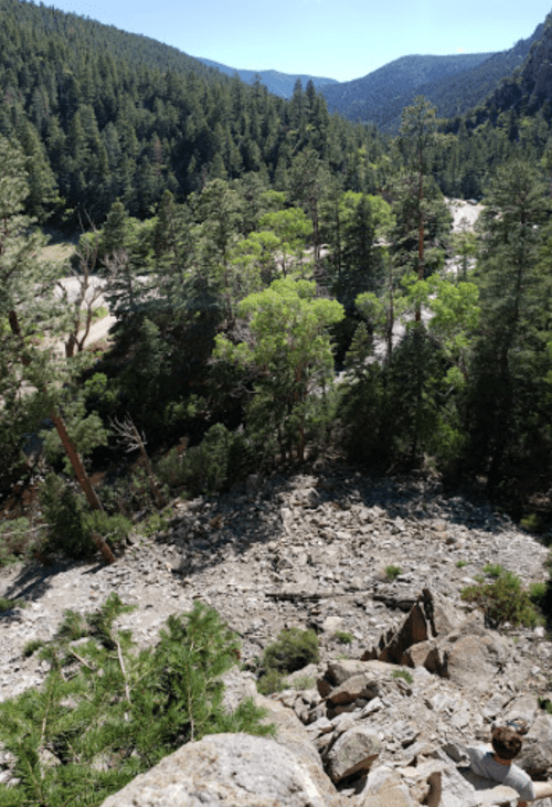 A rocky hillside overlooks a lush valley filled with trees and a winding river in the distance.