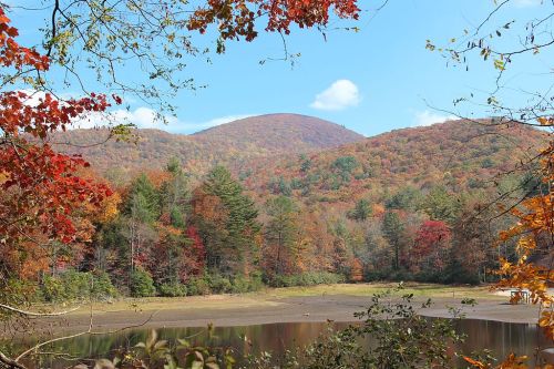 Scenic view of colorful autumn foliage on mountains surrounding a calm lake under a clear blue sky.
