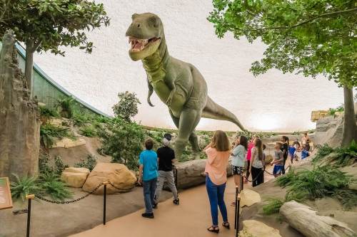 A large dinosaur model in a naturalistic setting, with visitors exploring the exhibit around it.