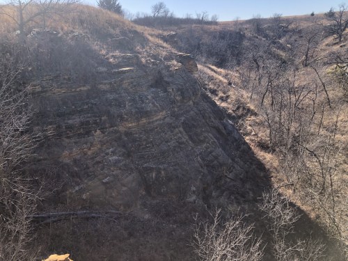 A rocky cliffside with sparse trees and dry grass under a clear blue sky.