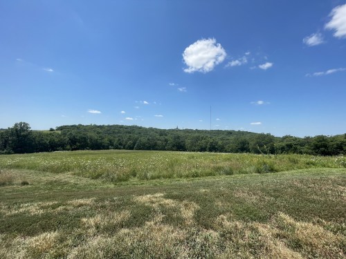 A wide grassy field under a clear blue sky with a few clouds, surrounded by green hills in the background.