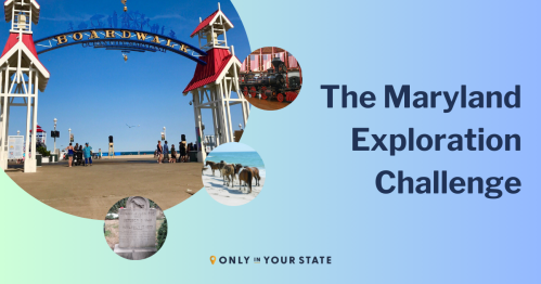 A vibrant boardwalk scene with people, horses, and historical markers promoting the Maryland Exploration Challenge.