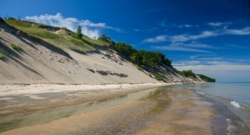 A sandy beach with a steep, grassy cliff under a clear blue sky and calm water.