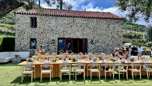 A picturesque outdoor setting with a stone building, long tables adorned with flowers, and guests mingling in a vineyard.