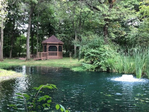 A serene pond with a gazebo surrounded by lush greenery and trees, featuring gentle ripples on the water's surface.