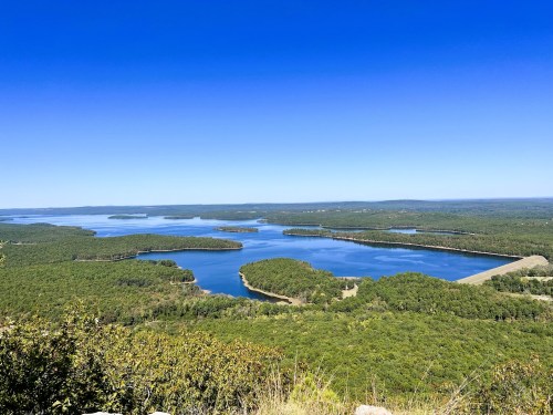 A panoramic view of a serene lake surrounded by lush green forests under a clear blue sky.