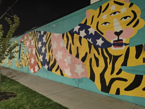 A colorful mural of a tiger with stars and stripes, painted on a wall at night.