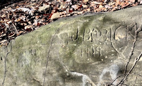 Carved initials and date "J. Babicky 1919" on a rock surface, surrounded by fallen leaves.