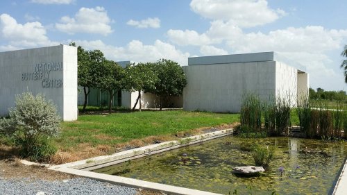 A modern building with a sign reading "National Butterfly Center," surrounded by greenery and a small pond.