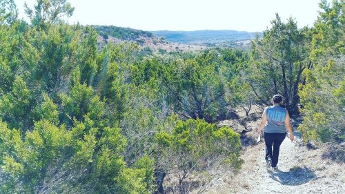 A person walks along a trail surrounded by greenery, with rolling hills in the background under a clear blue sky.