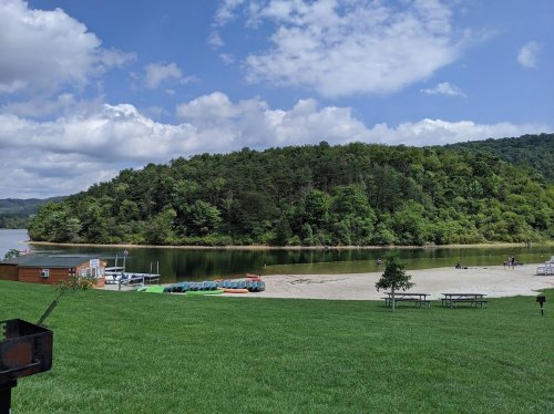 A serene lake scene with a sandy beach, green hills, and people enjoying the outdoors under a partly cloudy sky.