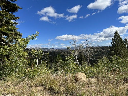 A scenic view of mountains and trees under a blue sky with fluffy clouds.