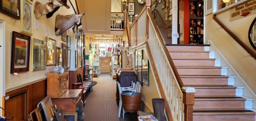 A hallway with wooden stairs, lined with framed art, antiques, and taxidermy, creating a vintage atmosphere.