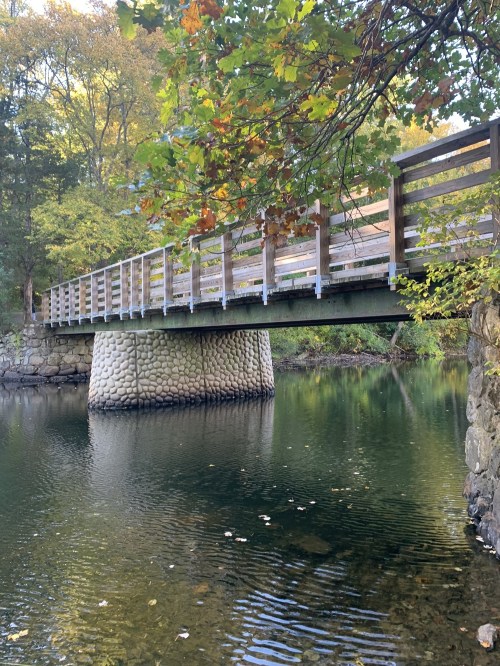 A wooden bridge spans a calm river, surrounded by autumn foliage and reflecting in the water below.