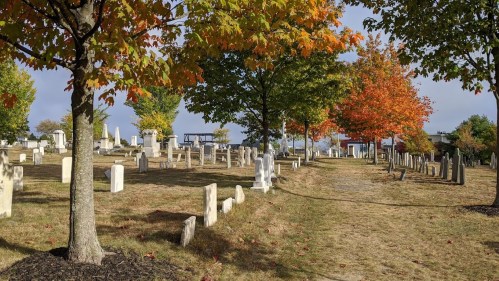 A peaceful cemetery with gravestones surrounded by trees displaying autumn foliage.