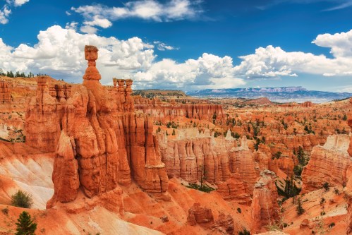 A stunning landscape of red rock formations and hoodoos under a blue sky with fluffy clouds in a national park.