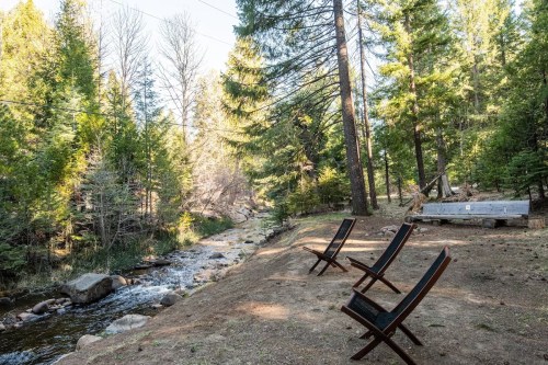 A serene riverside scene with wooden chairs, surrounded by tall trees and a gentle stream flowing nearby.