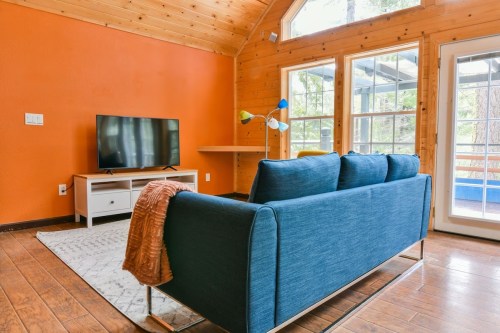 Cozy living room with a blue sofa, TV, and large windows, featuring wooden walls and an orange accent wall.