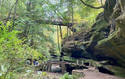 A serene forest scene with a wooden bridge above, surrounded by lush greenery and rocky cliffs. Two people walk along a path.