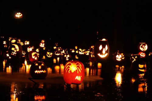 A dark scene filled with glowing jack-o'-lanterns, reflecting on water, creating a spooky Halloween atmosphere.