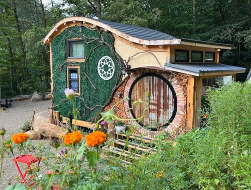 A unique tiny house with a green wall, circular window, and natural materials, surrounded by flowers and trees.