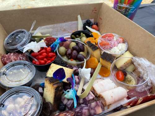 A gourmet charcuterie box filled with assorted meats, cheeses, olives, fruits, and dips, beautifully arranged.