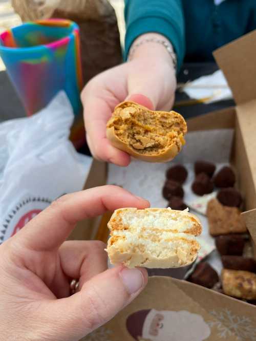 A close-up of two hands holding cookies, one with a bite taken out, alongside assorted treats in a box.