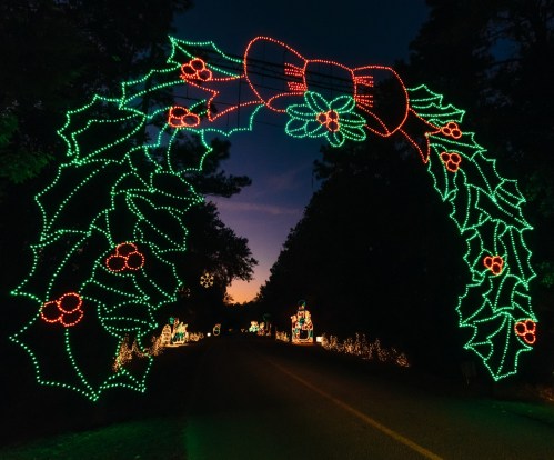 A festive arch made of green and red lights shaped like holly and a bow, illuminating a dark road.
