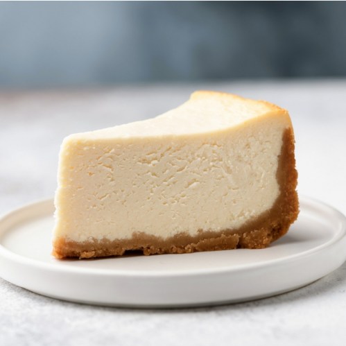 A slice of creamy cheesecake on a white plate, featuring a golden-brown crust.